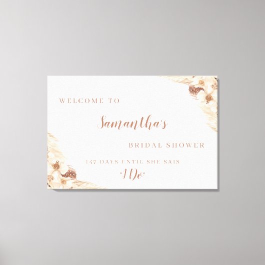 ボホパンパスグラスホワイトオーキッドウェルカムサイン キャンバスプリント (正面)