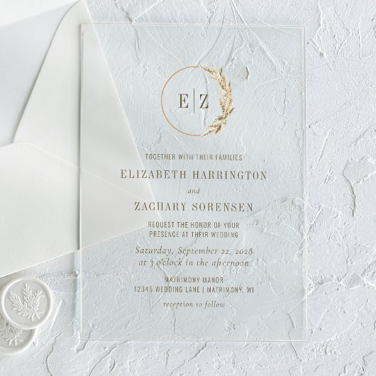 ボホパンパスグラスモノグラムリースベージュ結婚ズ アクリル招待状