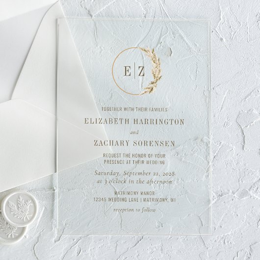 ボホパンパスグラスモノグラムリース結婚ズ アクリル招待状