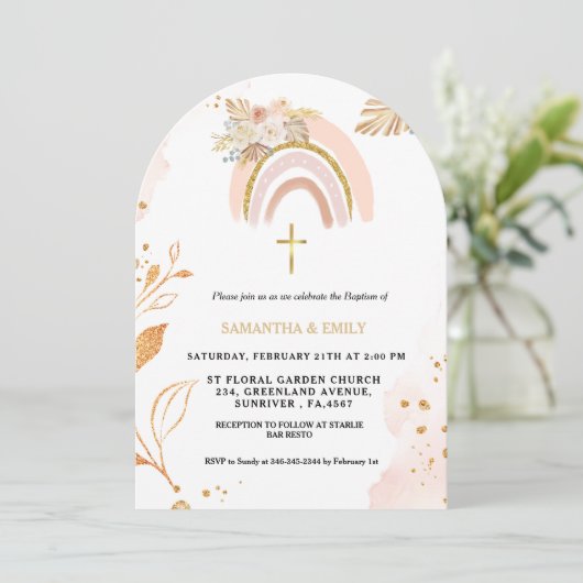 ボホパンパスグラスレインボーガールバピティズム《キリスト教》洗礼式や命名式 招待状 (スタンド正面)