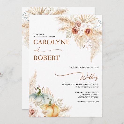 ボホパンパスグラス秋パンプキン結婚式招待状 招待状 (正面/裏面)