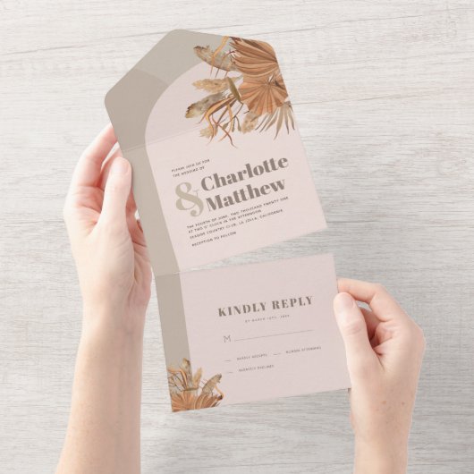 ボホパンパスグラス結婚ピンク オールインワン招待状 (貼ってはがせる)