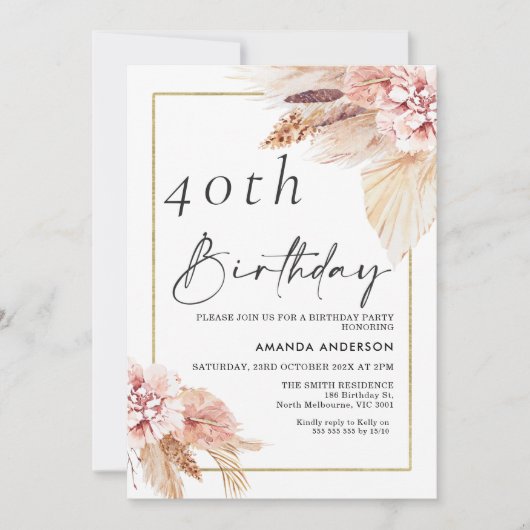 ボホパンパスグラス金ゴールドフレーム誕生日招待状 招待状 (正面)