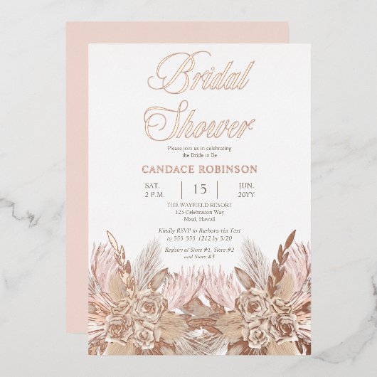 ボホパンパスグラス |バラピンクブライダルシャワー 箔招待状 (正面/裏面)