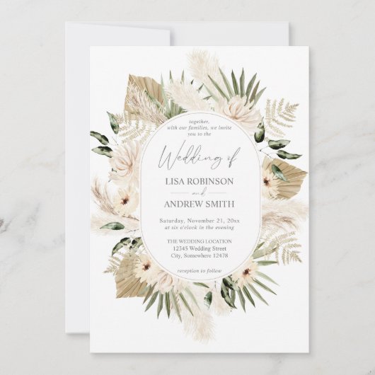 ボホパンパスグラス&ベージュフローラ結婚ズ 招待状 (正面)