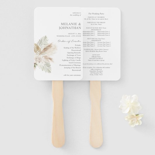 ボホパンパスグラス&ベージュ結婚のセレモニープログラム ハンドファン (正面&裏面)