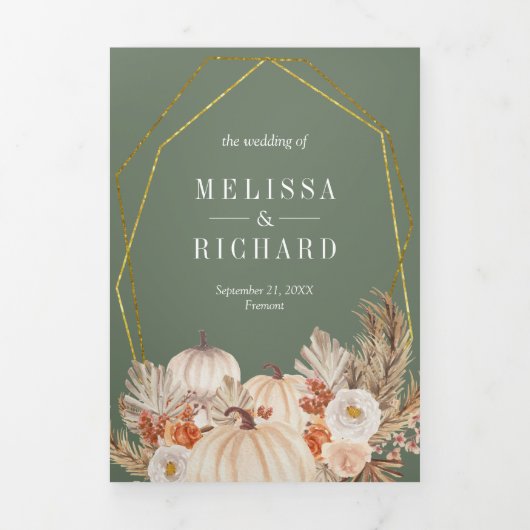 ボホパンパスパンプキンフローラセージグリーン秋の結婚式 三つ折り招待状 (カバー)