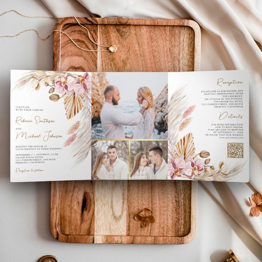 ボホパンパスピンクオーキッドフローラQRコード結婚ズ 三つ折り招待状