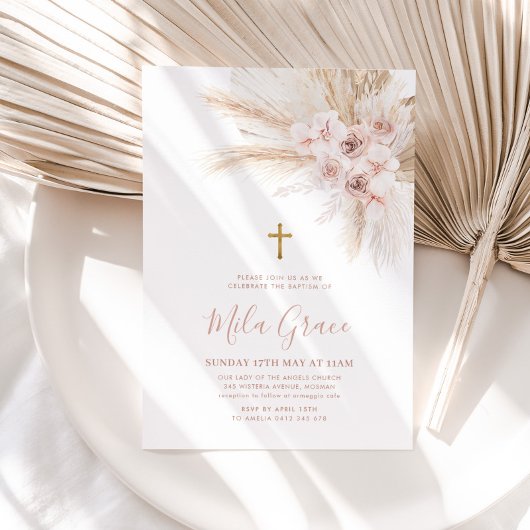 ボホパンパスピンクガールフローラバプテスマ《キリスト教》洗礼式や命名式 招待状