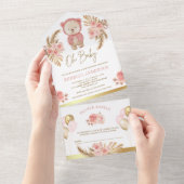 ボホパンパスピンクフローラテディベアベビーシャワー オールインワン招待状 (貼ってはがせる)