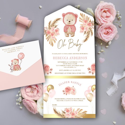 ボホパンパスピンクフローラテディベアベビーシャワー オールインワン招待状