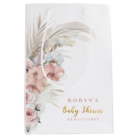 ボホパンパスベビーシャワー抱き枕ピンクガール ミディアムペーパーバッグ (正面)