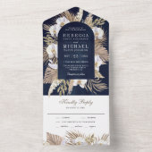 ボホパンパスホワイトオーキッドドライパーム結婚ネイビー オールインワン招待状 (内側)