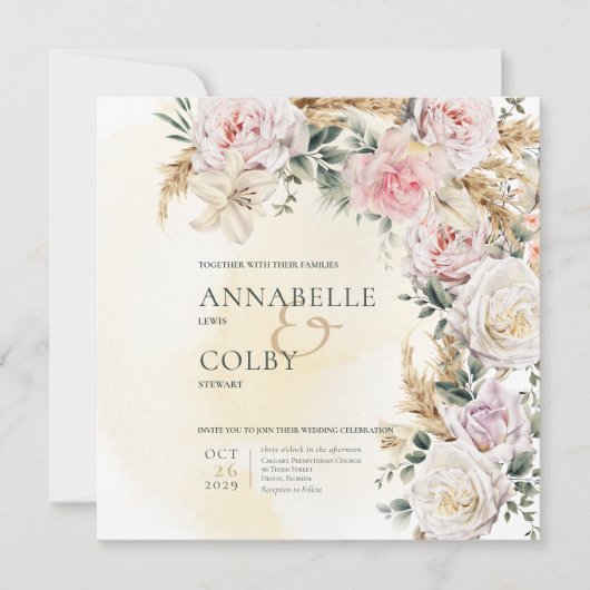 ボホパンパス&ピンクローゼススクエアクリームズ結婚ズ 招待状 (正面)