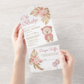 ボホパンパフローラピンクテディベアベビーシャワー オールインワン招待状 (貼ってはがせる)