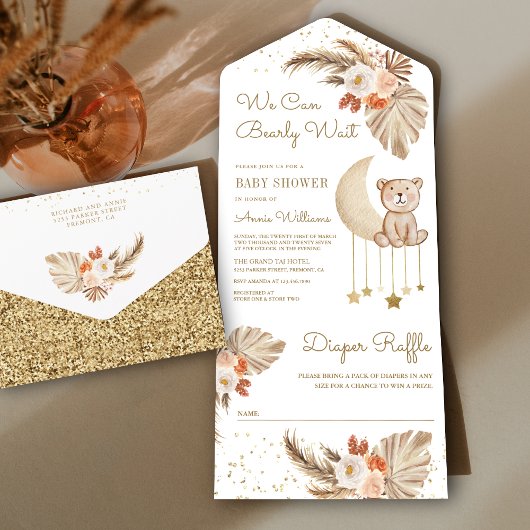 ボホパンパフローラムーンテディベアーベビーシャワー オールインワン招待状