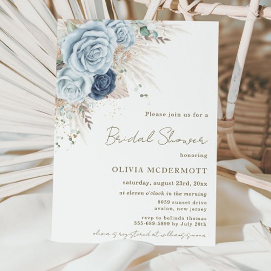 ボホパンパ素朴スソフトブルーフローラブライダルシャワー 招待状