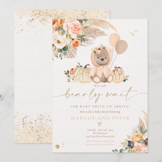 ボホパンプキンテディベアーピーチガール赤ちゃんシャワー 招待状 (正面/裏面)