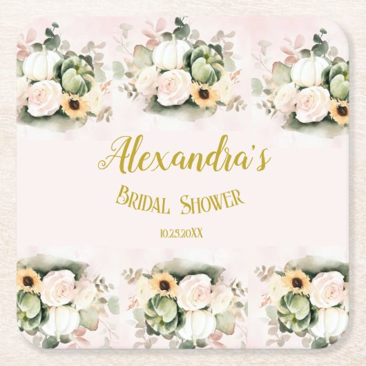 ボホパンプキンパンパスグラスエレガントブライダルシャワー スクエアペーパーコースター (正面)