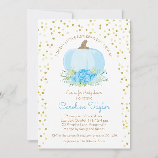 ボホパンプキン男の赤ちゃんシャワーウォーターカラーブルー金ゴールド 招待状 (正面)