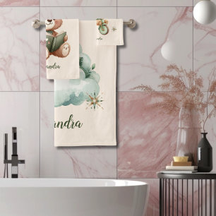 ボホパーソナライズされたグリーンテディベア バスタオルセット