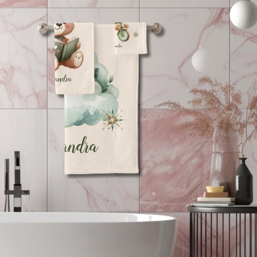 ボホパーソナライズされたグリーンテディベア バスタオルセット