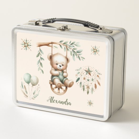 ボホパーソナライズされたグリーンテディベア メタルランチボックス (正面)