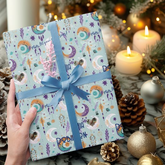 ボホパーソナライズされたシックなギフトラップとライトブルー ラッピングペーパー