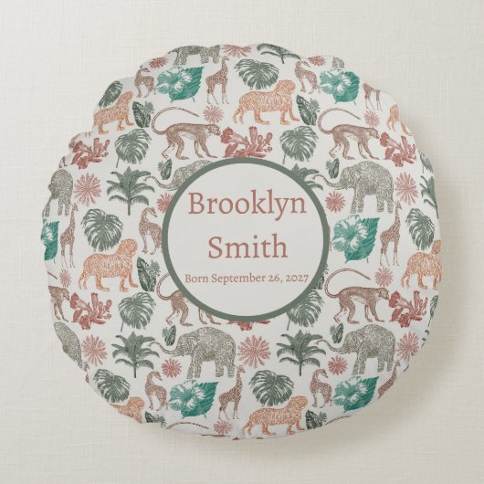 ボホパーソナライズされたジャングルサファリ ラウンドクッション (正面)