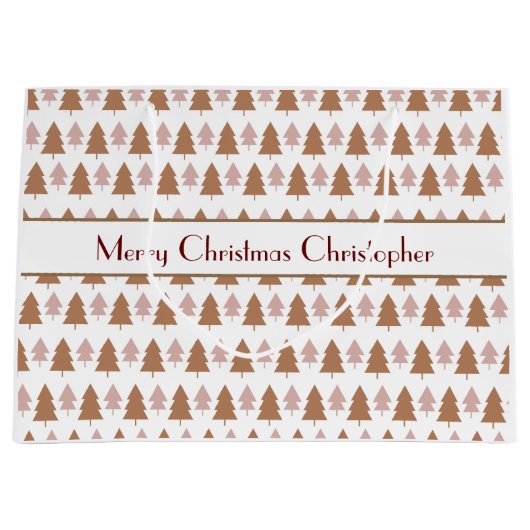 ボホパーソナライズされたブラウンピンクのクリスマスツリー ラージペーパーバッグ (正面)