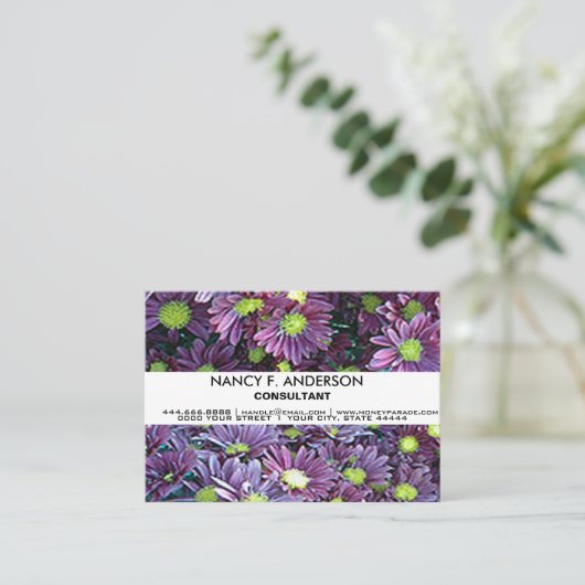 ボホパーソナライズされたブラック&パープルデイズフローラ 名刺 (スタンド正面)