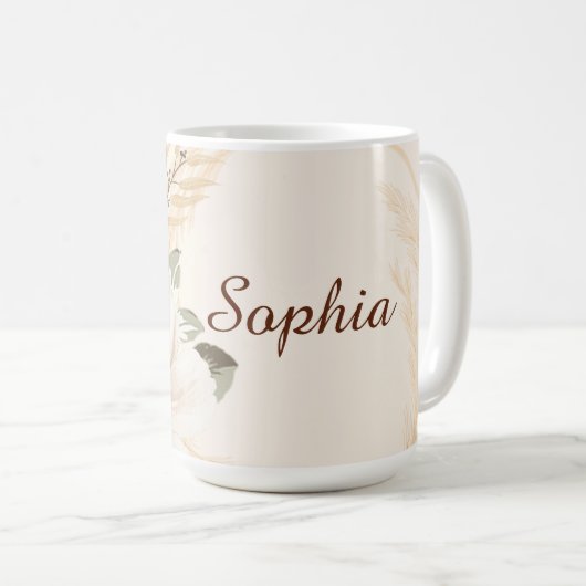 ボホパーソナライズされたモダンウォーター色フラワーパーム コーヒーマグカップ (正面右)