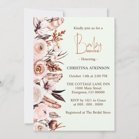 ボホパーソナライズされたワイルドフラワーベビーガールシャワー 招待状 (正面)