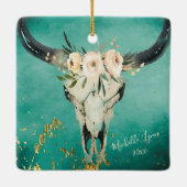 ボホパーソナライズされた牛スカル、花オンターコイズ セラミックオーナメント (裏面)