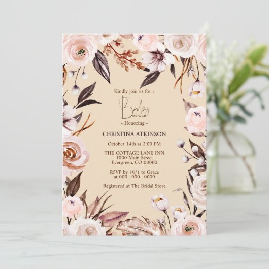 ボホパーソナライズされた自然ワイルドフラワーベイビーシャワー 招待状 (スタンド正面)