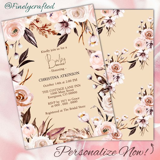 ボホパーソナライズされた自然ワイルドフラワーベイビーシャワー 招待状