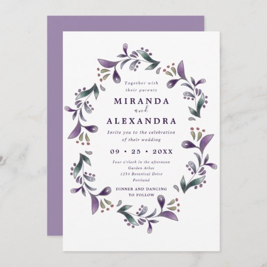 ボホパープルとグリーンフローラ春の結婚式 招待状 (正面/裏面)