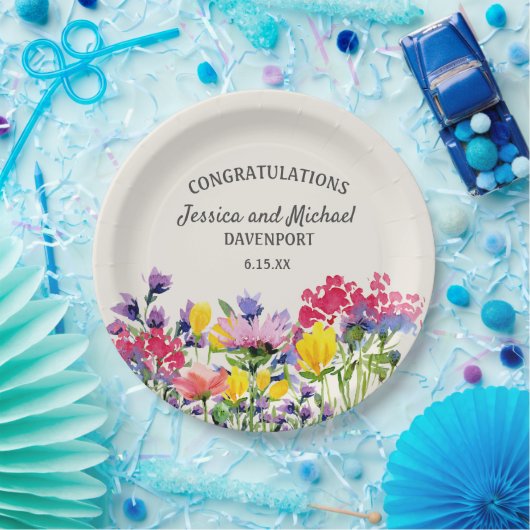 ボホパープルウォーターカラーワイルドフラワークリーム結婚ズ ペーパープレート (パーティー)