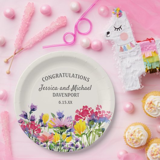 ボホパープルウォーターカラーワイルドフラワークリーム結婚ズ ペーパープレート (パーティー)