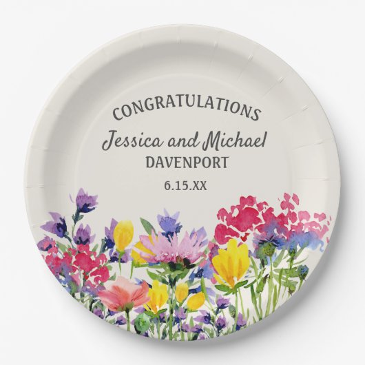 ボホパープルウォーターカラーワイルドフラワークリーム結婚ズ ペーパープレート (正面)