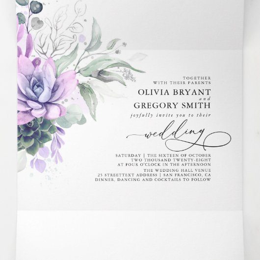 ボホパープルエレガントは緑の多い多肉種結婚類 三つ折り招待状 (内部中)