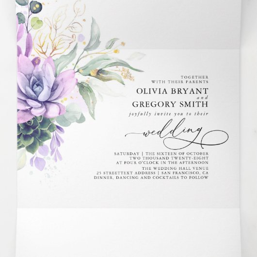 ボホパープルエレガントは緑の多い多肉種結婚類 三つ折り招待状 (内部中)