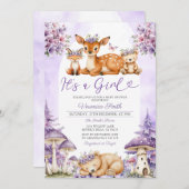 ボホパープルディアウッドランドガールベビーシャワーフローラ 招待状 (正面/裏面)