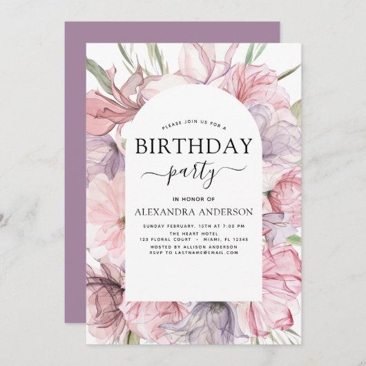 ボホパープルナイエイジ誕生日フローラ 招待状 (正面/裏面)