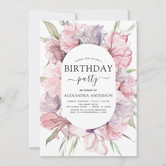 ボホパープルニーエイジ誕生日フローラ招待状 招待状 (正面)