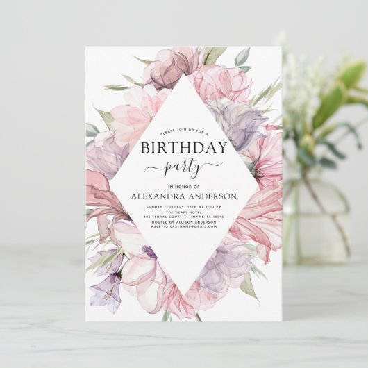 ボホパープルニーエイジ誕生日フローラ招待状 招待状 (スタンド正面)