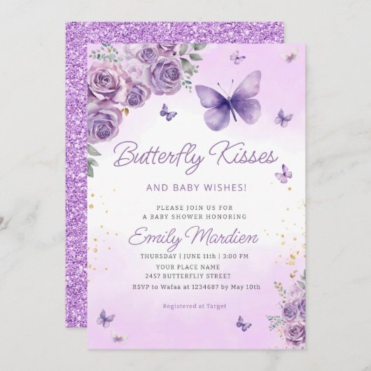 ボホパープルバタフライフローラベビーガールベビーシャワー 招待状 (正面/裏面)