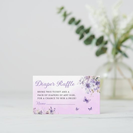 ボホパープルバタフライベビーシャワーおむつラッフル エンクロージャーカード (スタンド正面)