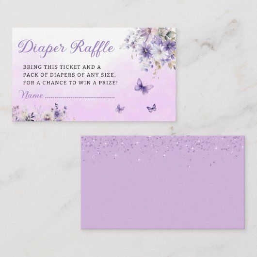 ボホパープルバタフライベビーシャワーおむつラッフル エンクロージャーカード (正面/裏面)