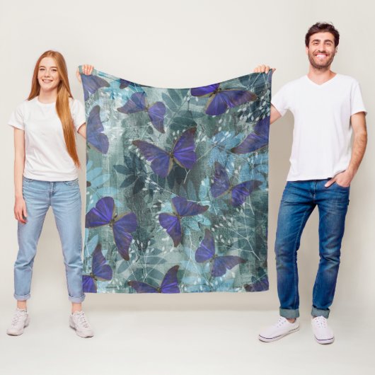 ボホパープルバタフライ&シアンボタニカルオリジナル フリースブランケット (インサイチュ)